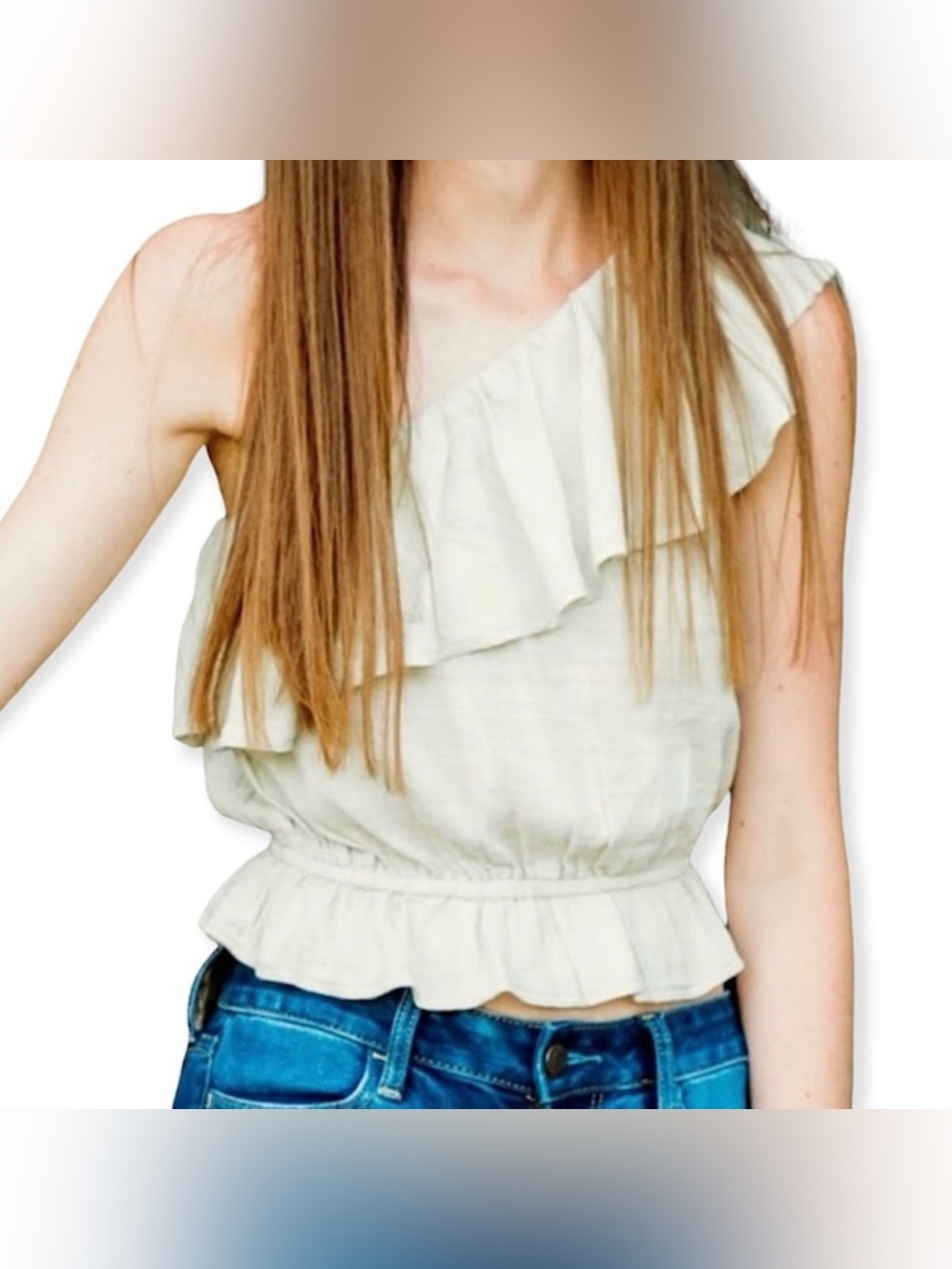 One-Shoulder Ruffle Peplum Top in Light Mint Green